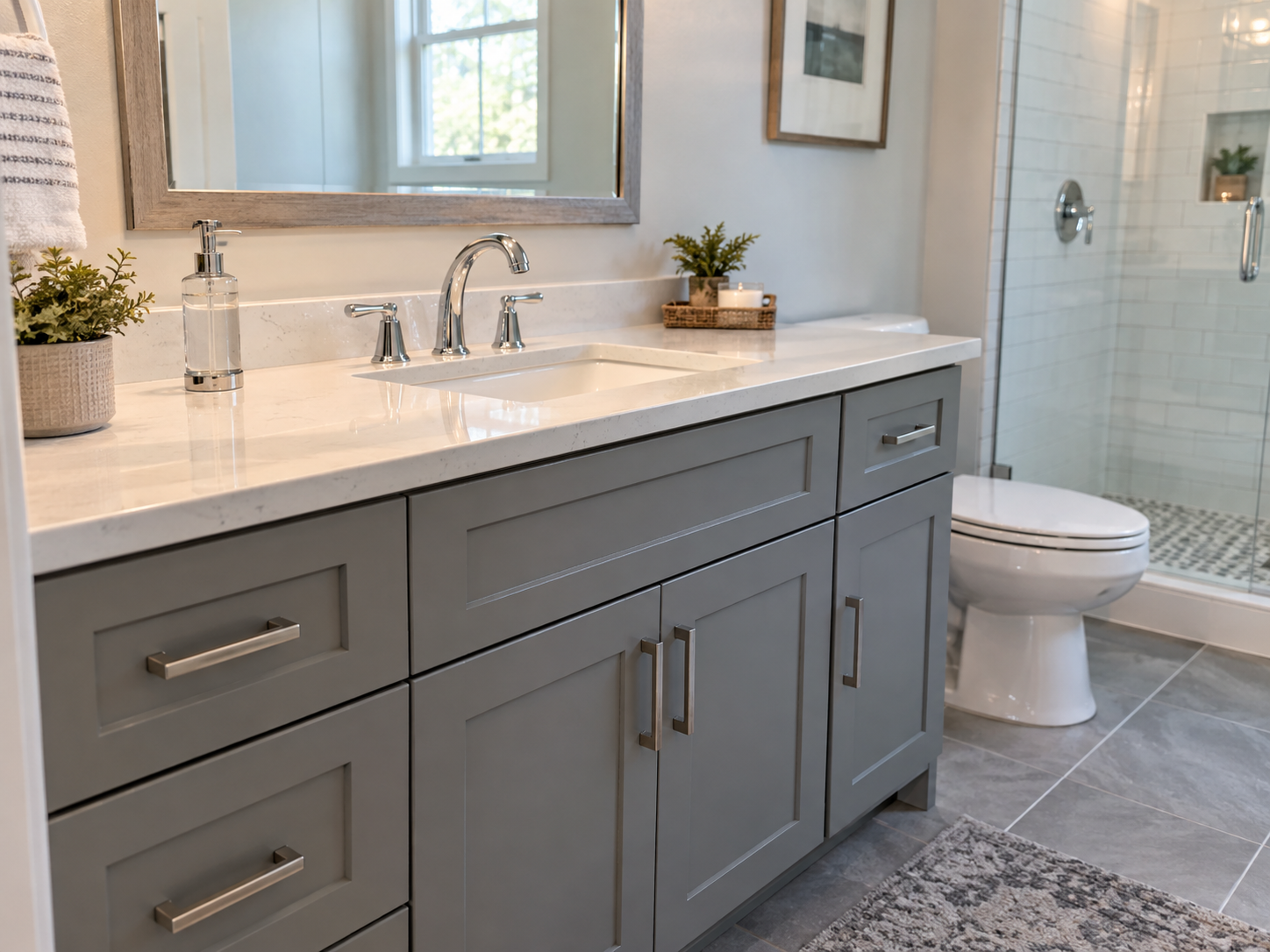 Placeholder example of a finished bathroom vanity and sink plumbing installation