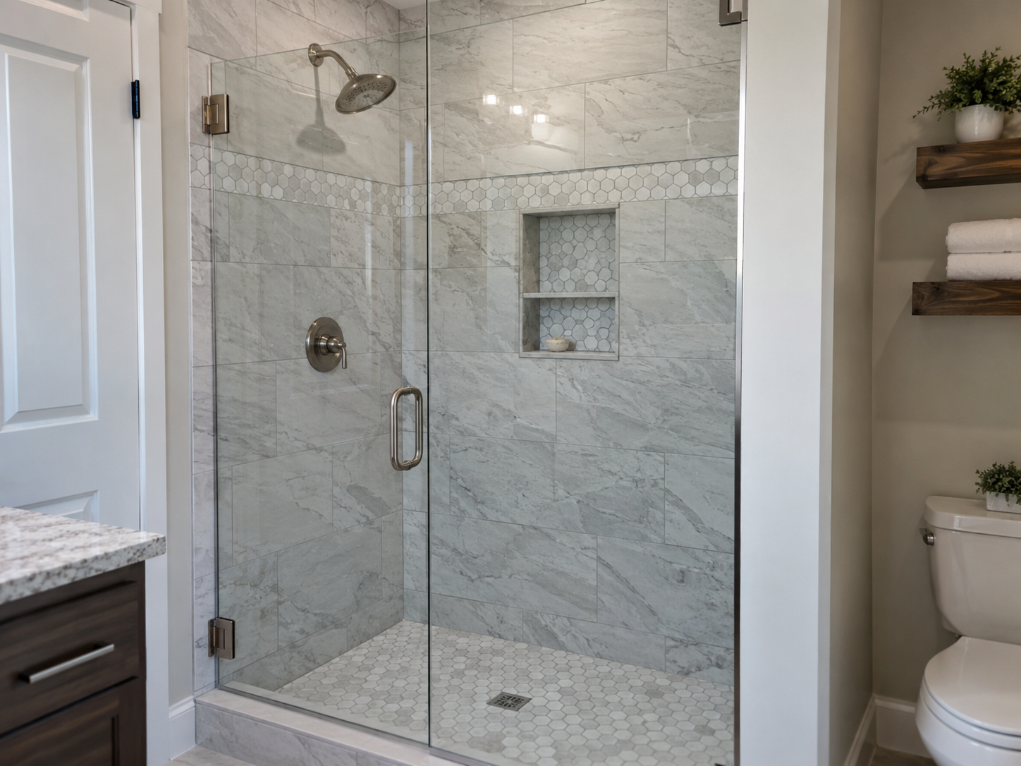 Placeholder example of a completed tiled shower plumbing installation