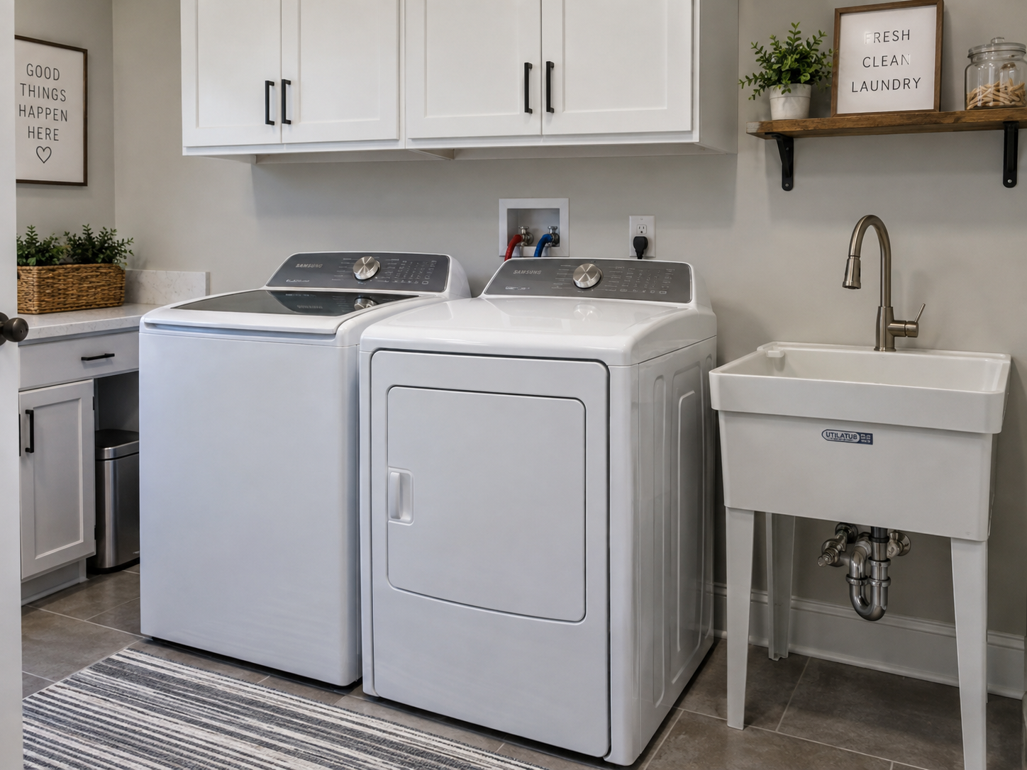 Placeholder example of a finished laundry room utility sink and washer hookup installation